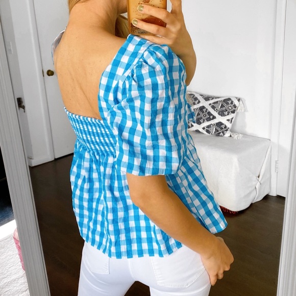 🐬 LILLY PULITZER SARAFINA TURQUOISE OASIS CRINKLE GINGHAM SHORT SLEEVE TOP! - Picture 4 of 15